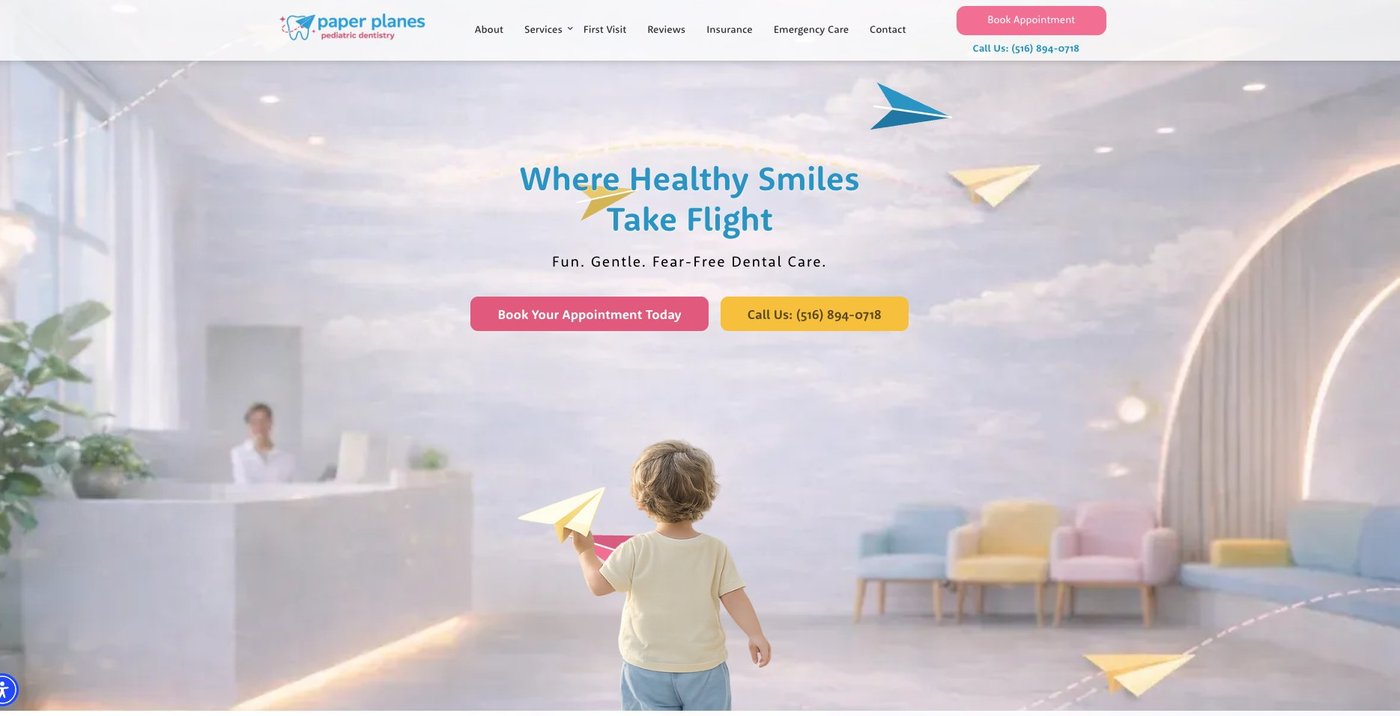 Paper Planes Pediatric Dentistry website shown on a laptop